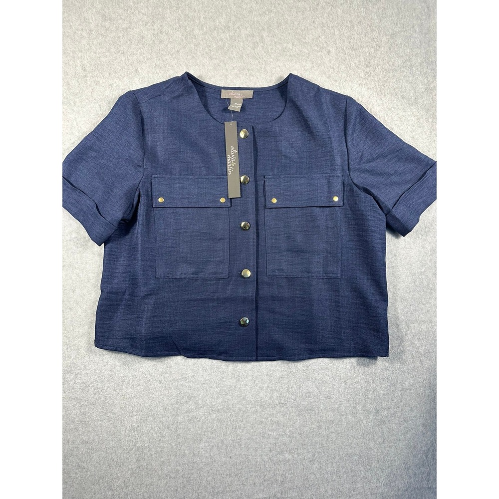 Olivia & Martin Womens XL Navy Blue Button Up Short Sleeve Pocket Top New
